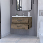 32" Dark Brown Wood Floating Bathroom Vanity With White Sink And Two Drawers