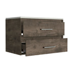 32" Dark Brown Wood Floating Bathroom Vanity With White Sink And Two Drawers