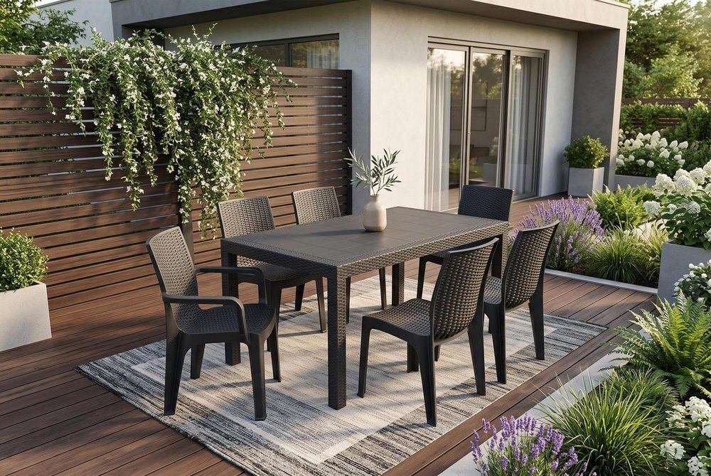 Seven Piece Brown Plastic Outdoor Patio Set With Table