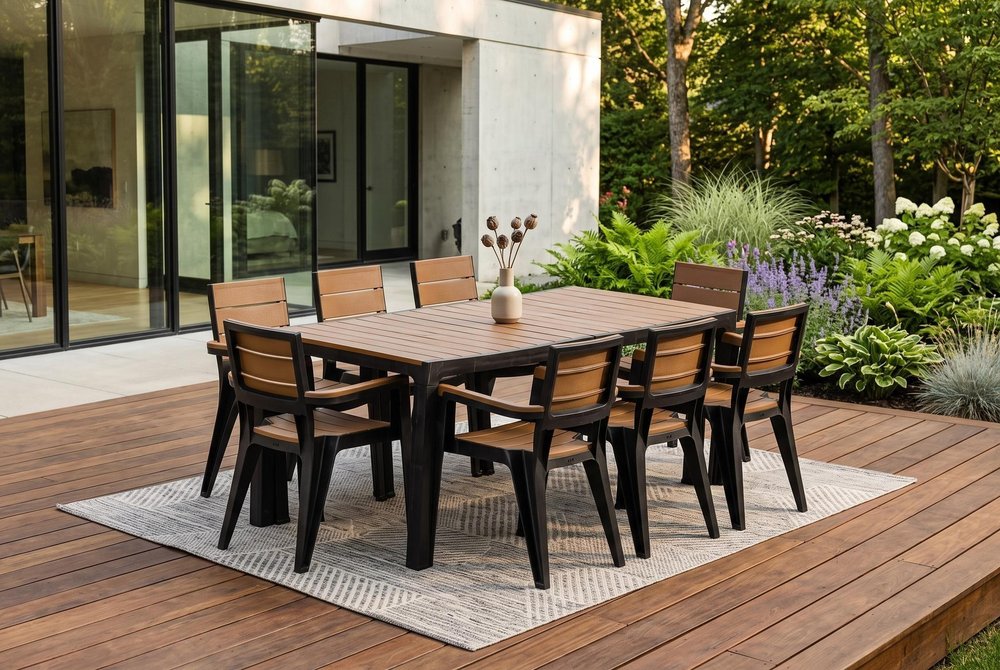Nine Piece Black Plastic Outdoor Patio Set With Table