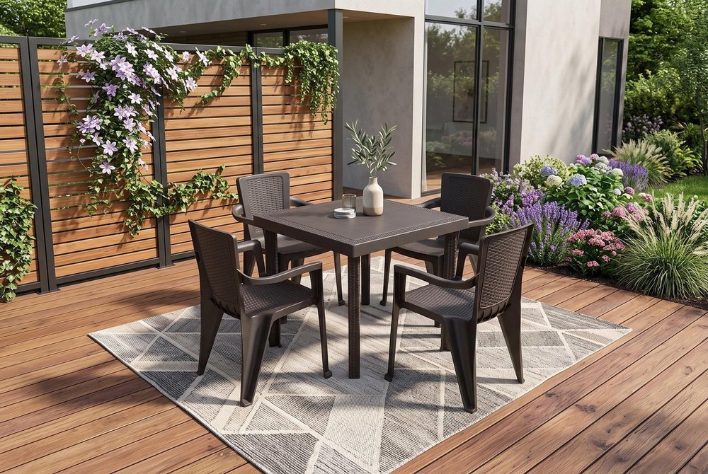 Five Piece Brown Plastic Outdoor Patio Set With Table