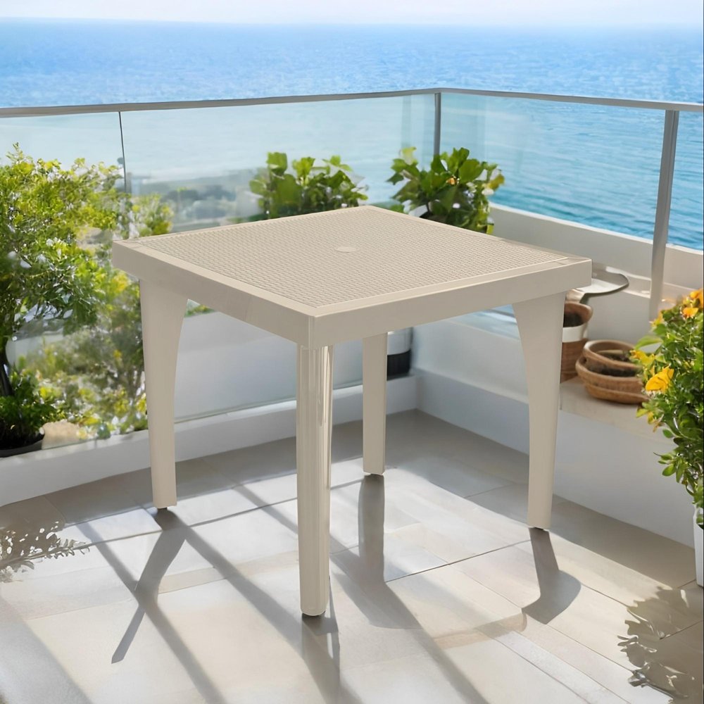 30" Taupe Heavy Duty Plastic Square Outdoor Dining Table with Umbrella Hole