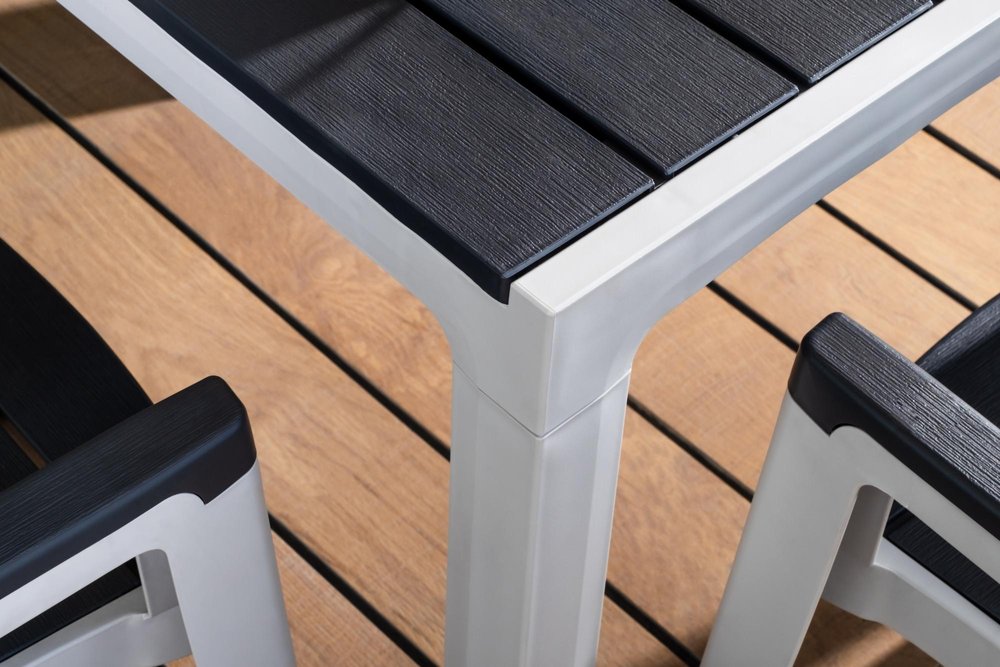 71" Brown And Black Heavy Duty Plastic Outdoor Dining Table with Umbrella Hole