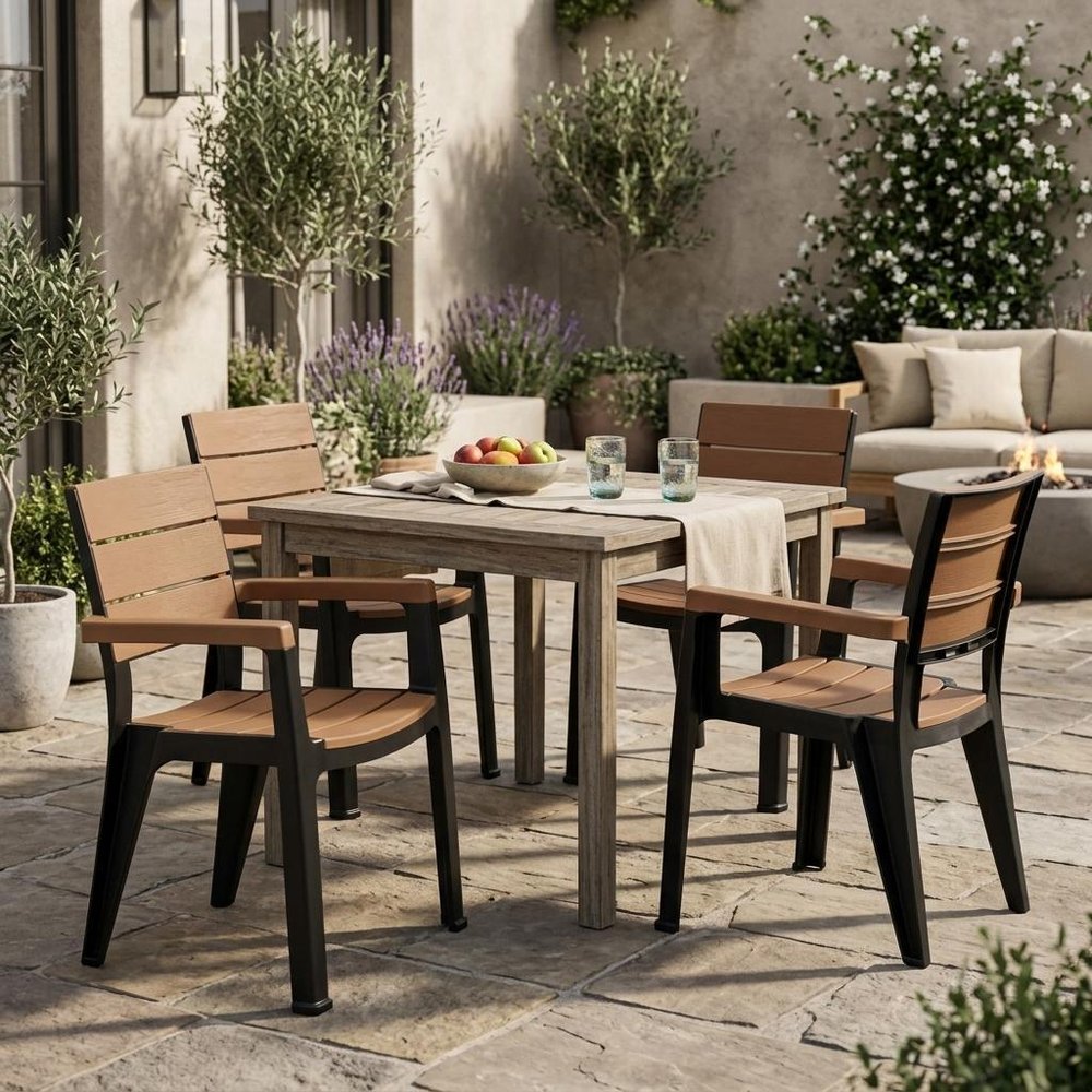 Set of Four Brown And Black Faux Wood Heavy Duty Plastic Outdoor Stacking Arm Chairs