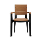 Set of Four Brown And Black Faux Wood Heavy Duty Plastic Outdoor Stacking Arm Chairs