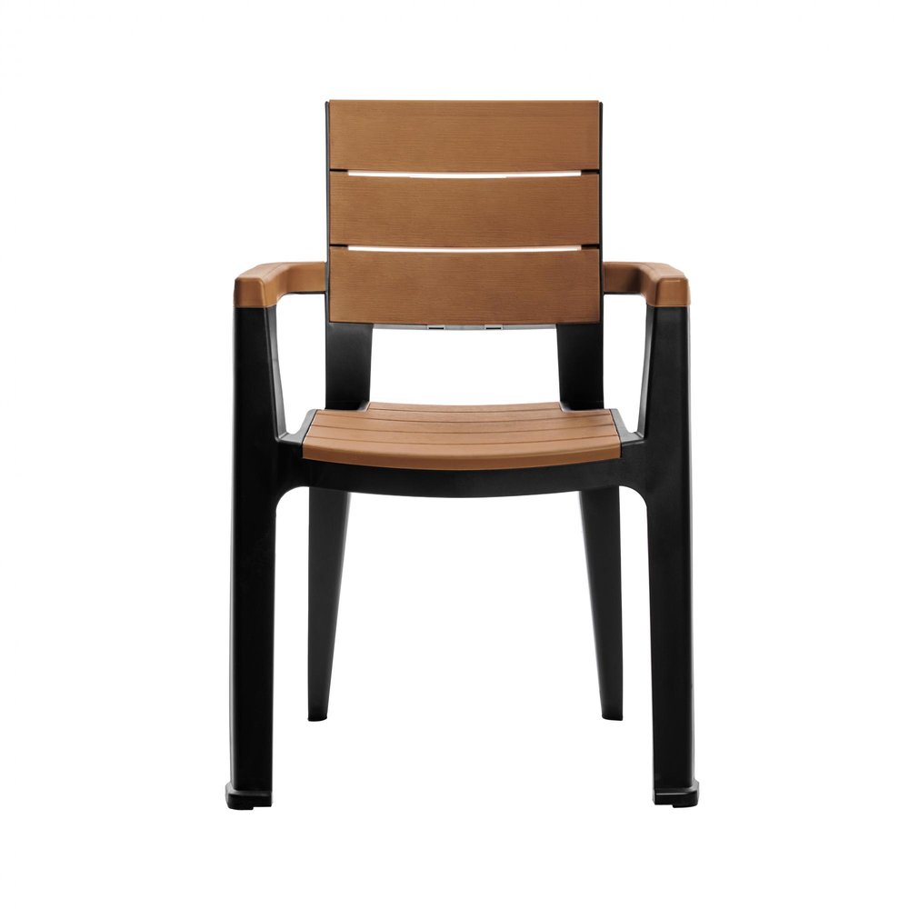 Set of Four Brown And Black Faux Wood Heavy Duty Plastic Outdoor Stacking Arm Chairs