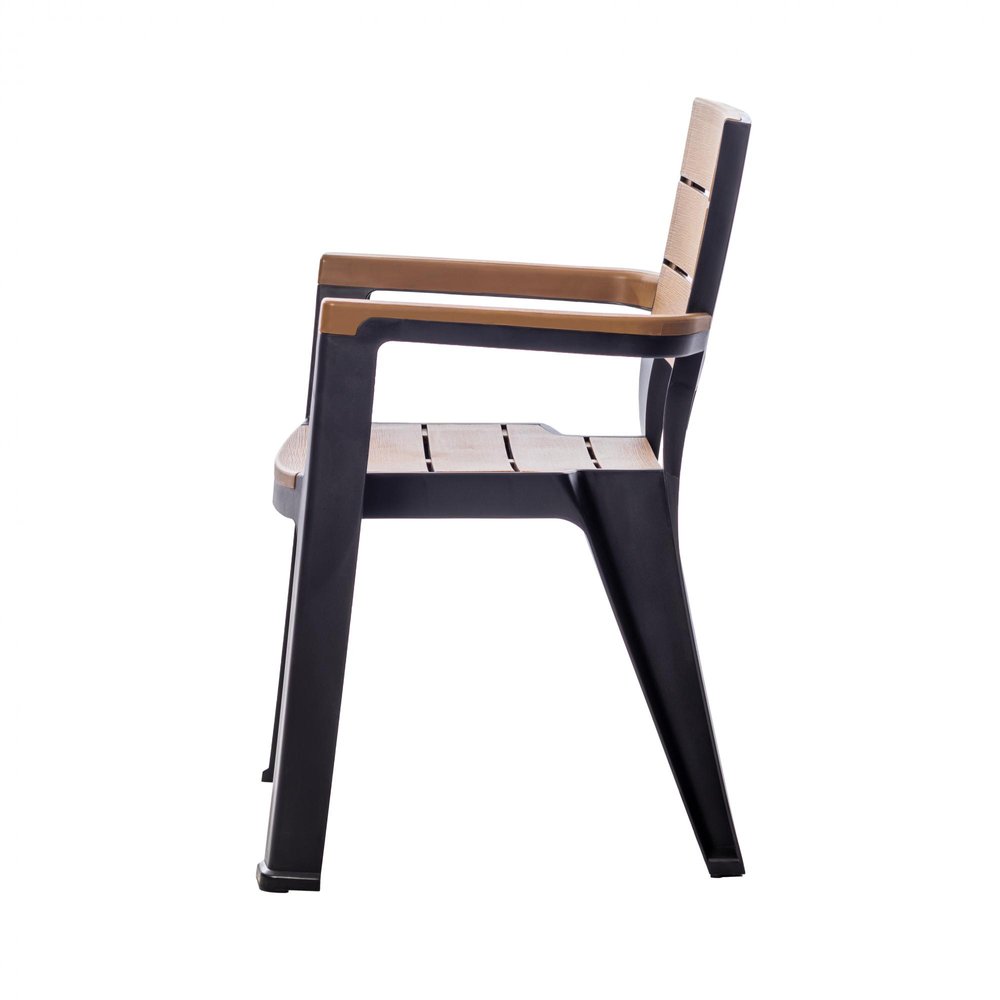Set of Four Brown And Black Faux Wood Heavy Duty Plastic Outdoor Stacking Arm Chairs