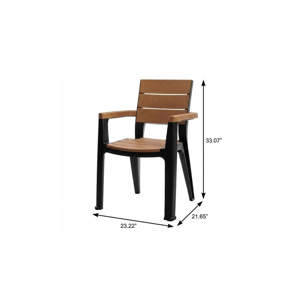 Set of Four Brown And Black Faux Wood Heavy Duty Plastic Outdoor Stacking Arm Chairs