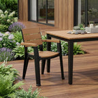Set of Four Brown And Black Faux Wood Heavy Duty Plastic Outdoor Stacking Arm Chairs