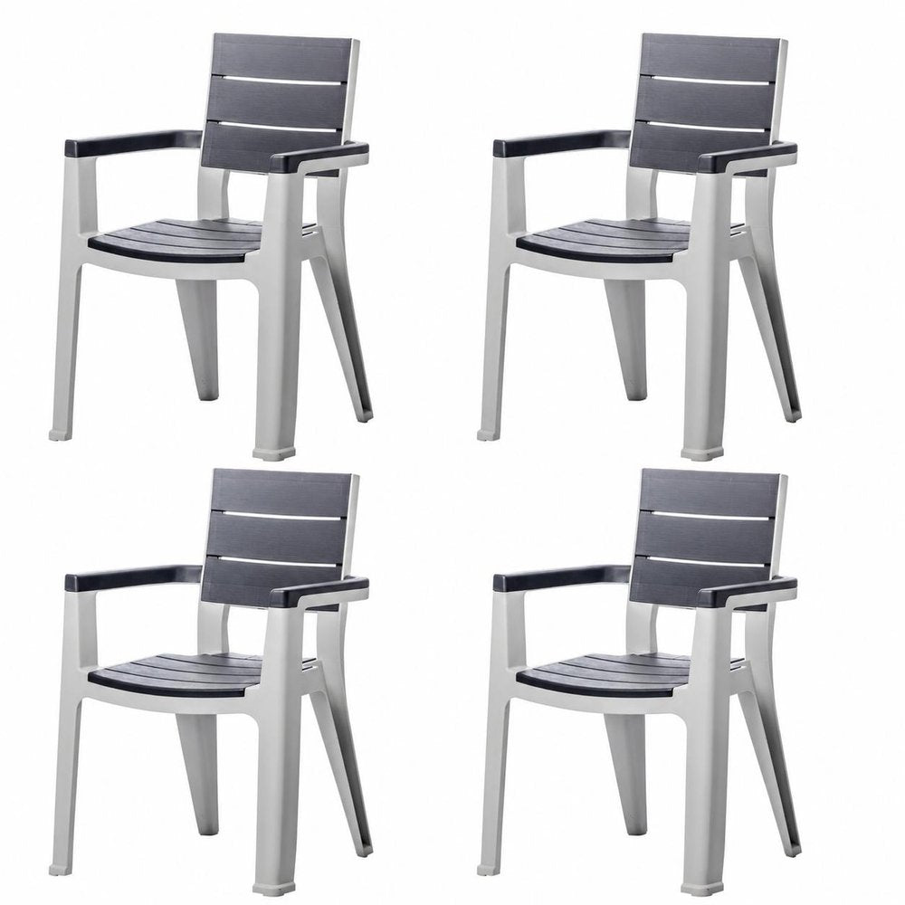 Set of Four Charcoal And Gray Faux Wood Heavy Duty Plastic Outdoor Stacking Arm Chairs