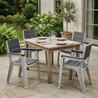 Set of Four Charcoal And Gray Faux Wood Heavy Duty Plastic Outdoor Stacking Arm Chairs