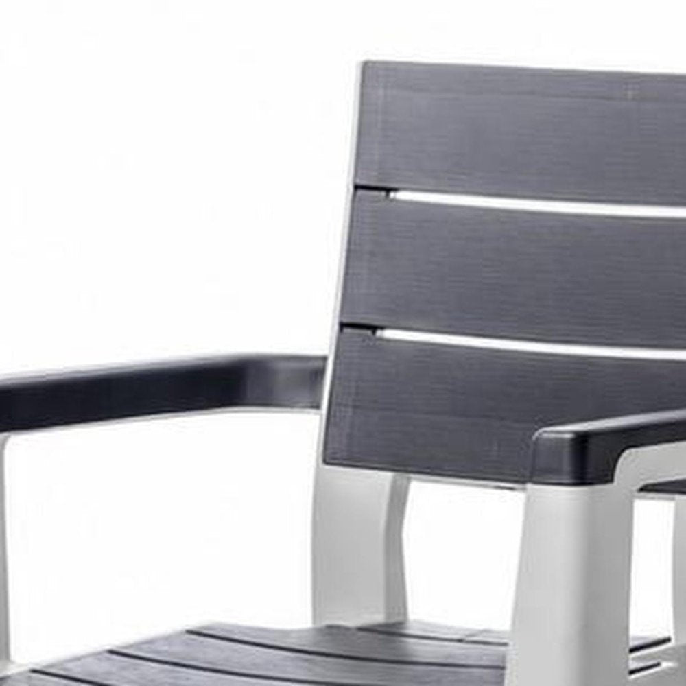 Set of Four Charcoal And Gray Faux Wood Heavy Duty Plastic Outdoor Stacking Arm Chairs
