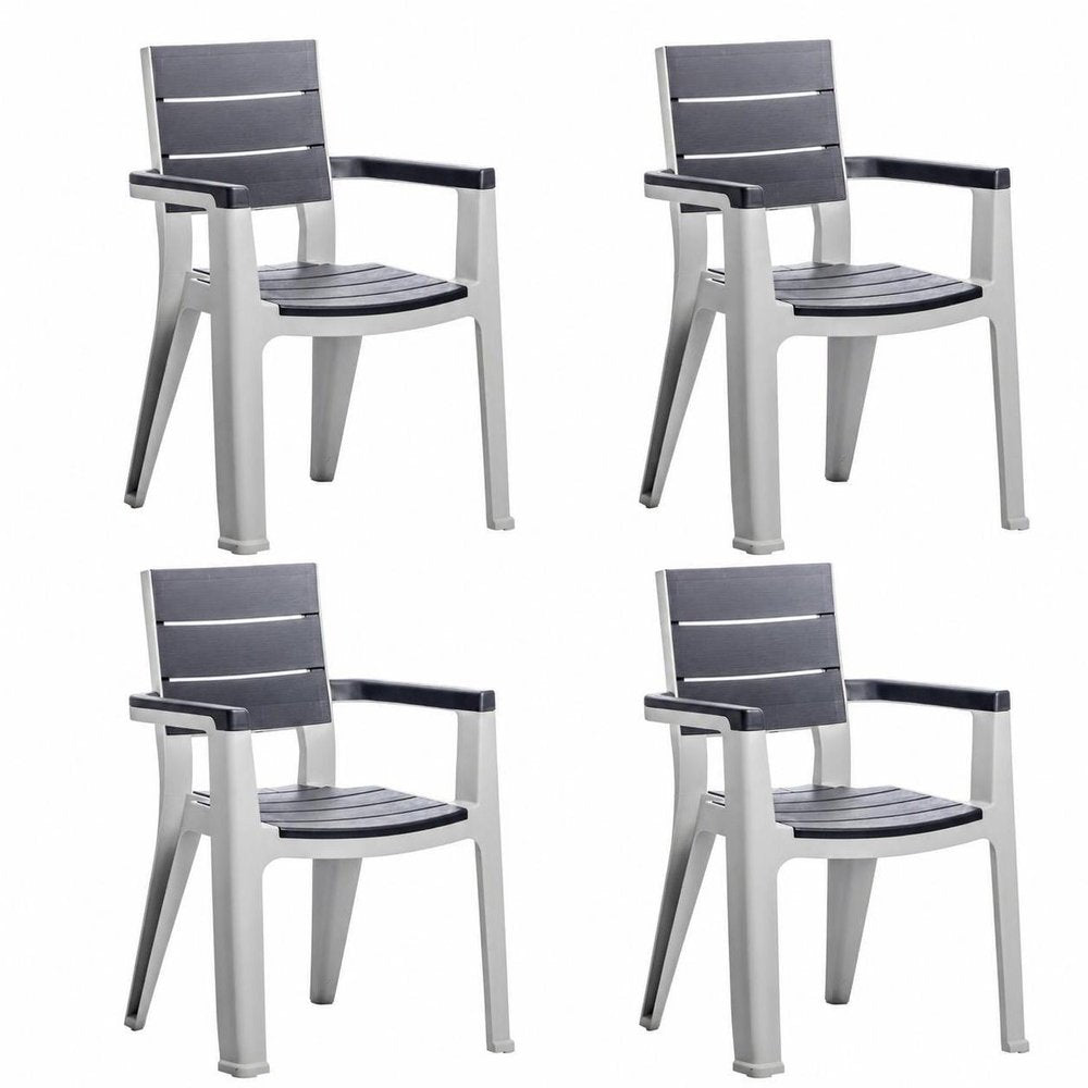 Set of Four Charcoal And Gray Faux Wood Heavy Duty Plastic Outdoor Stacking Arm Chairs