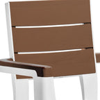 Set of Four Brown And White Faux Wood Heavy Duty Plastic Outdoor Stacking Arm Chairs