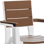 Set of Four Brown And White Faux Wood Heavy Duty Plastic Outdoor Stacking Arm Chairs