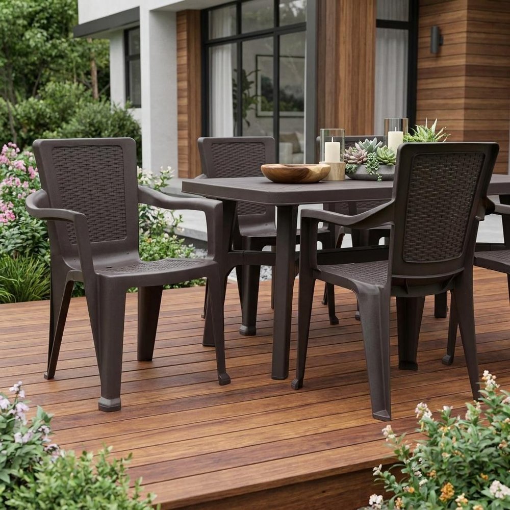 Set of Four Espresso Textured Heavy Duty Plastic Outdoor Stacking Arm Chairs