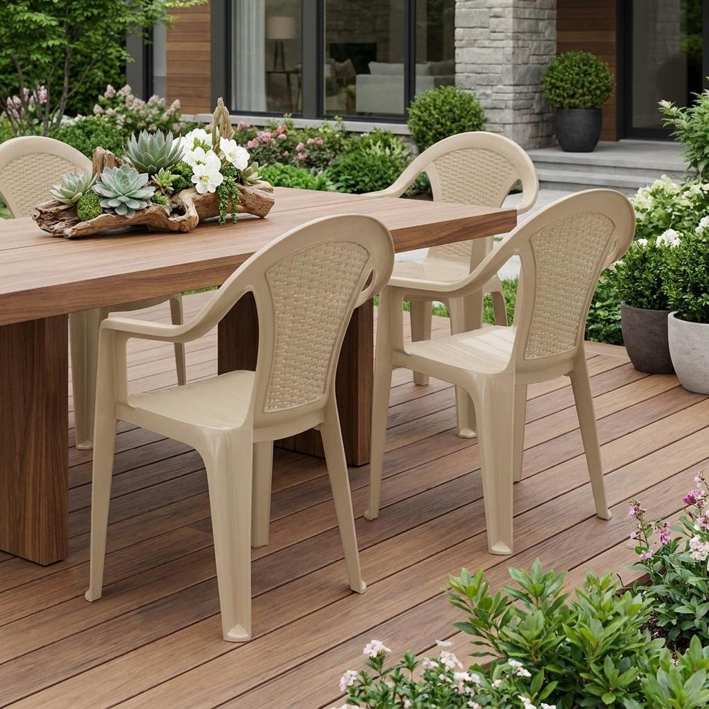 Set of Four Taupe Textured Heavy Duty Plastic Outdoor Stacking Arm Chairs