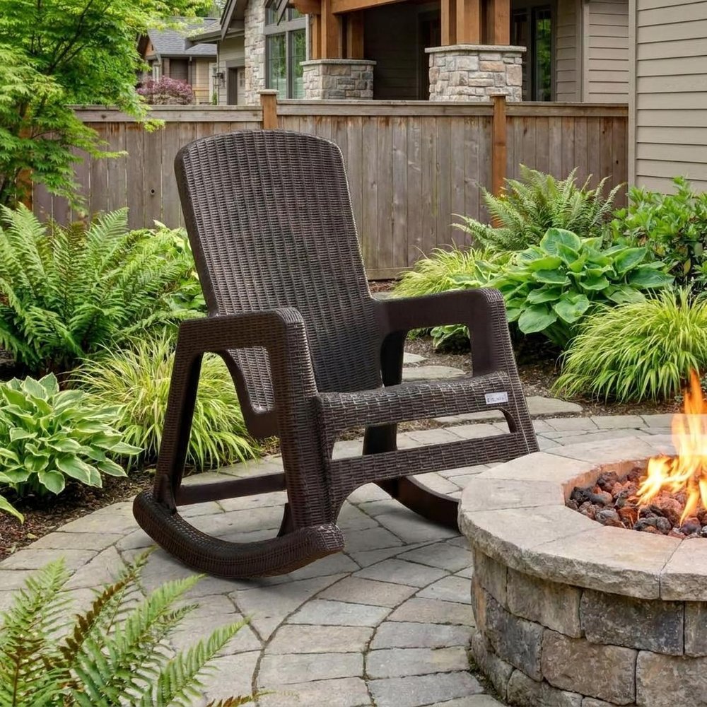 30" Espresso Faux Rattan Heavy Duty Plastic Outdoor Rocking Rocking Chair