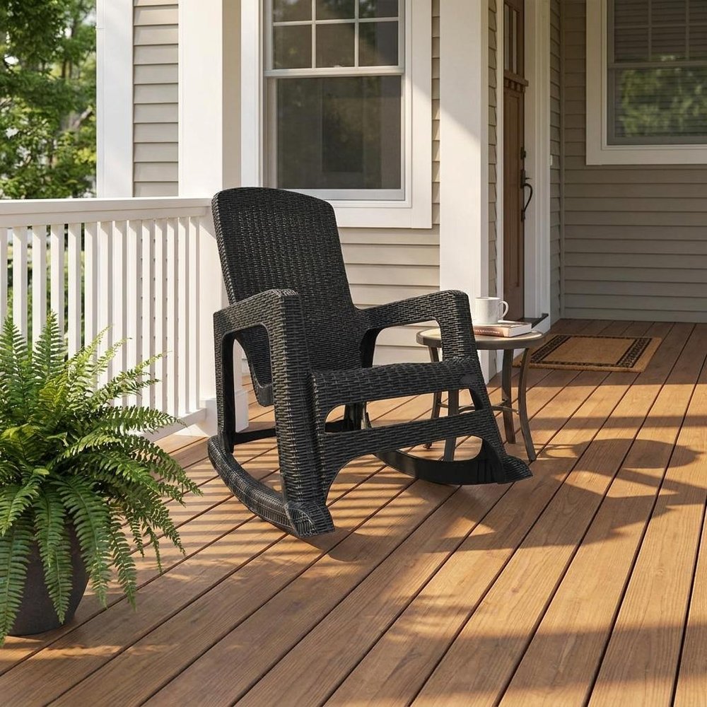 30" Espresso Faux Rattan Heavy Duty Plastic Outdoor Rocking Rocking Chair