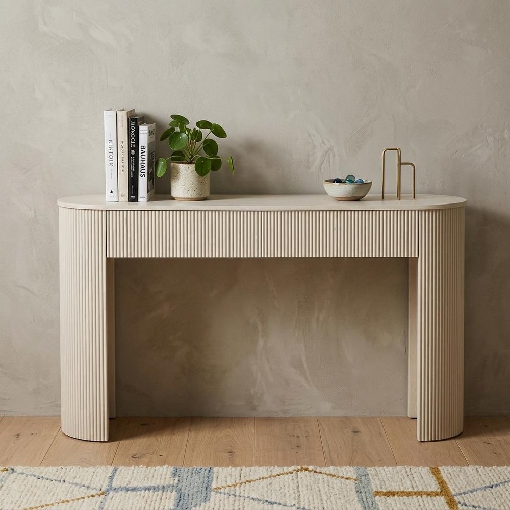 54" Off White Wood Ribbed Texture Double Pedestal Oval Console Table With Two Drawers