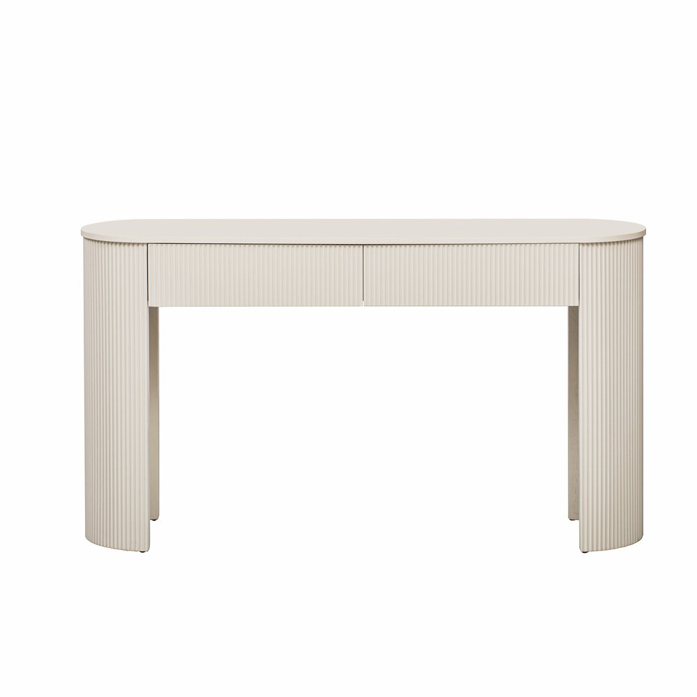54" Off White Wood Ribbed Texture Double Pedestal Oval Console Table With Two Drawers
