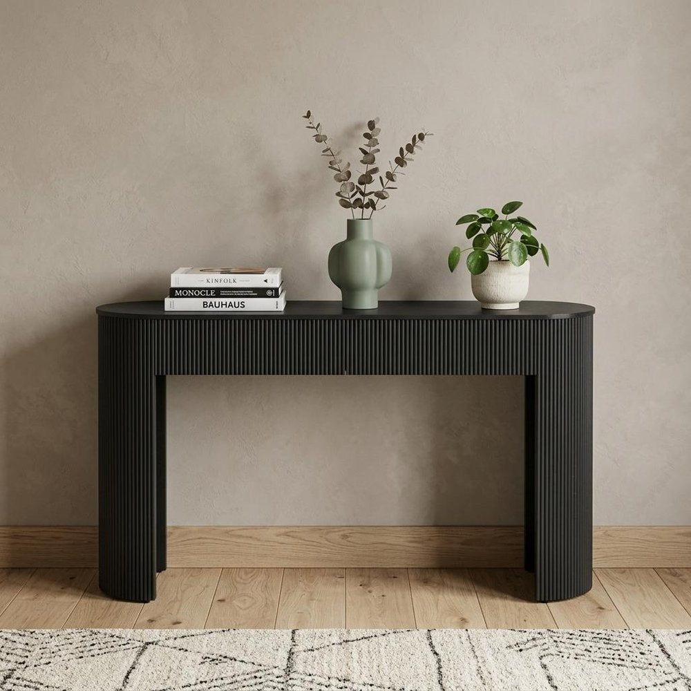 54" Off White Wood Ribbed Texture Double Pedestal Oval Console Table With Two Drawers