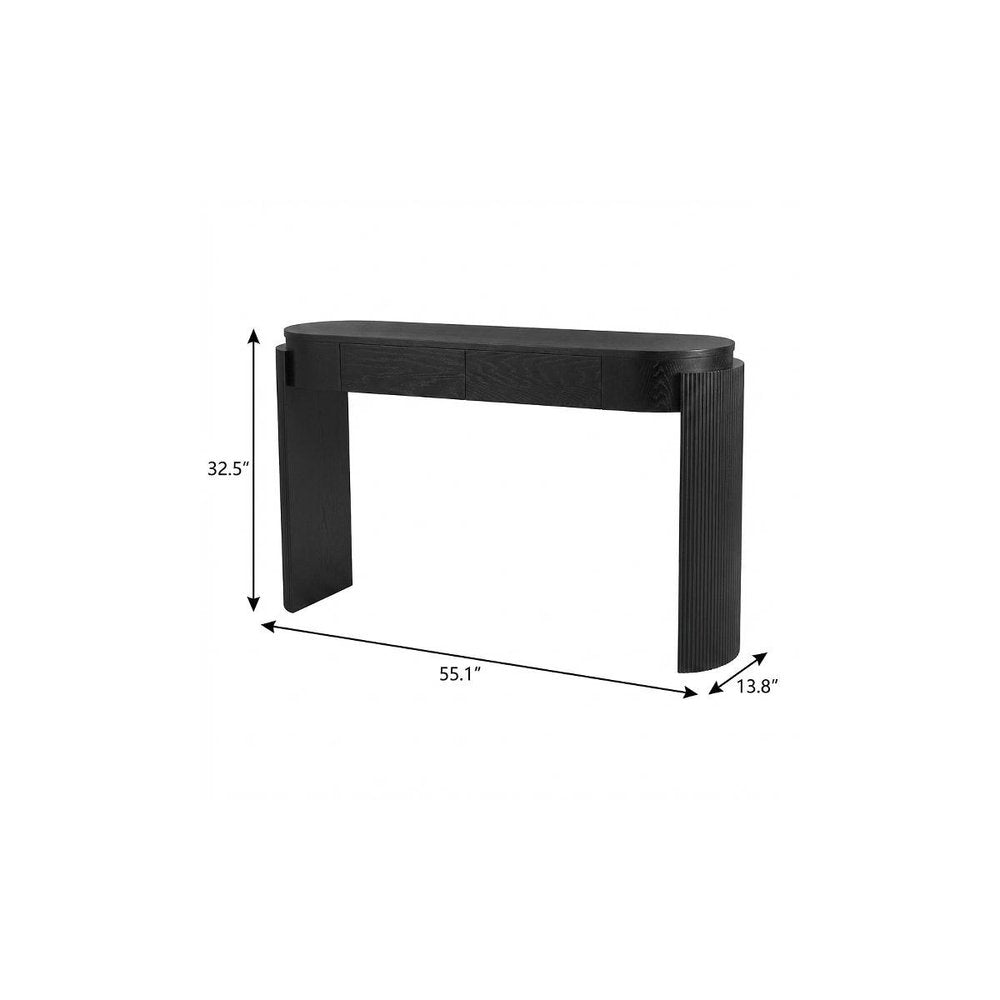 55" Black Wood Oval Double Pedestal Console Table With Two Drawers