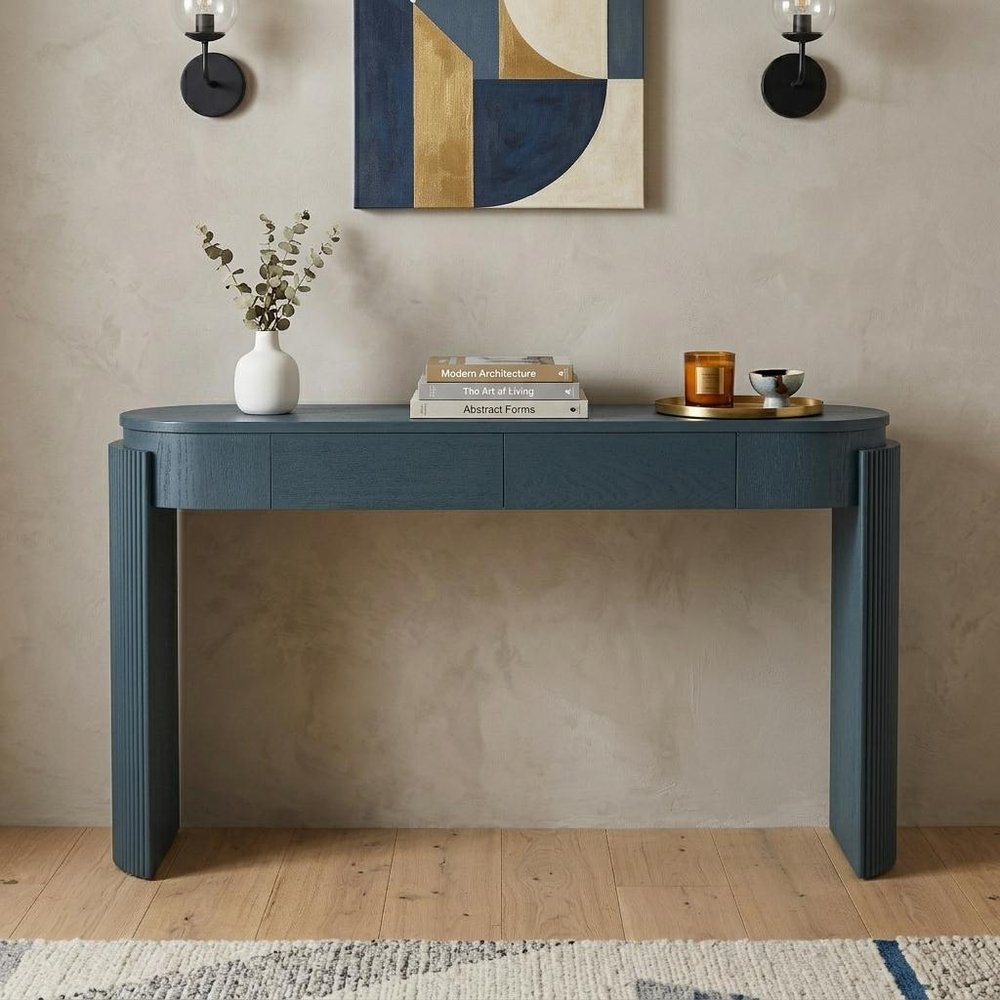 55" Black Wood Oval Double Pedestal Console Table With Two Drawers