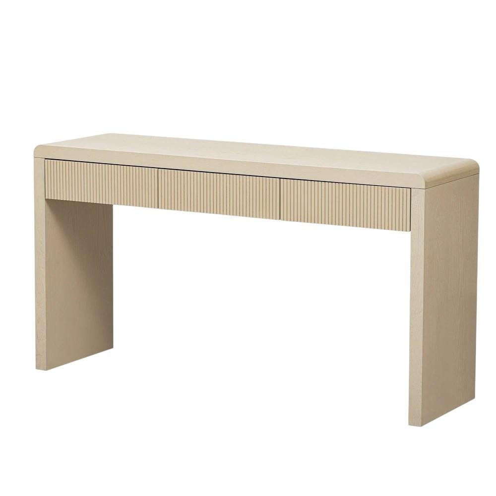 55" Natural Wood Double Pedestal Console Table With Three Drawers
