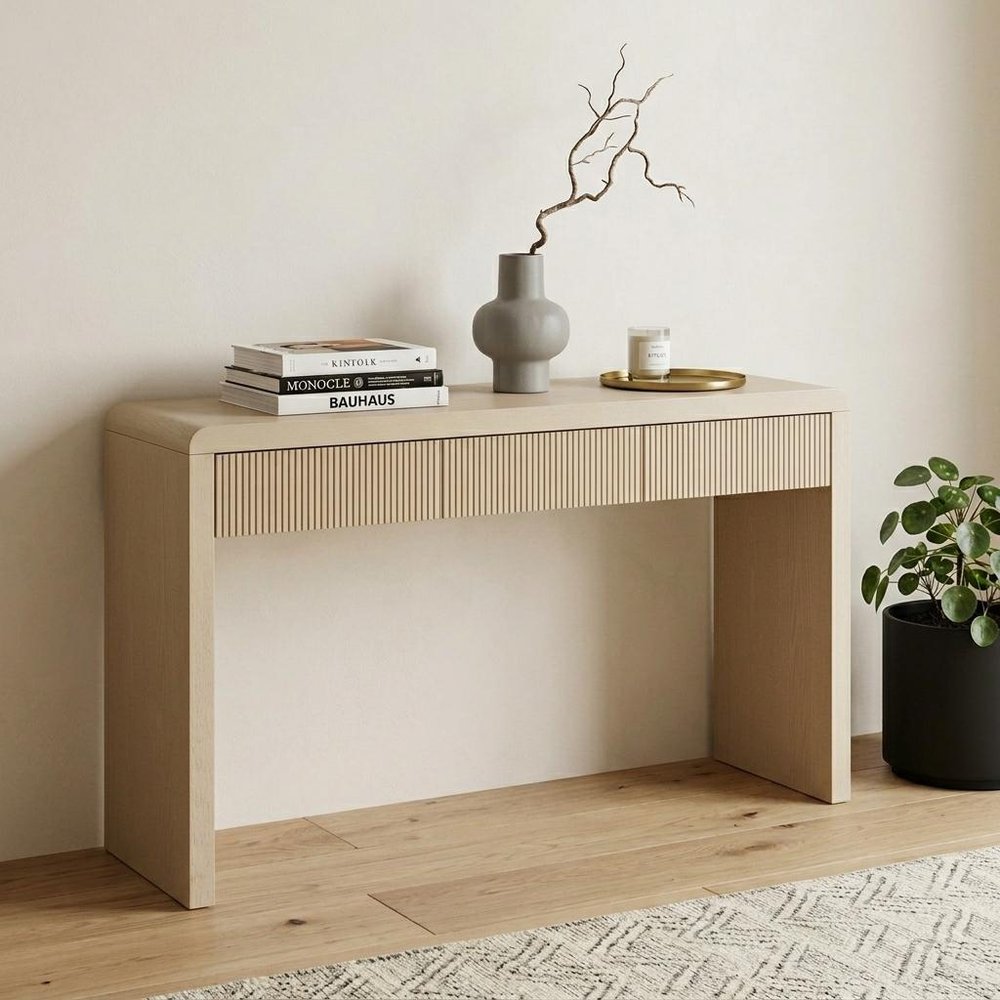 55" Natural Wood Double Pedestal Console Table With Three Drawers