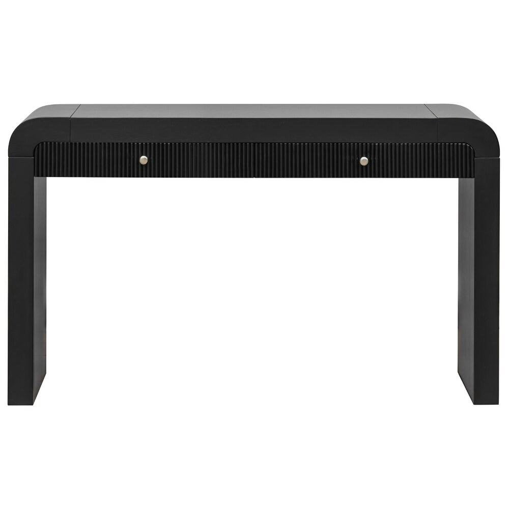 54" Black Wood Double Pedestal Curved Edge Console Table With Two Drawers
