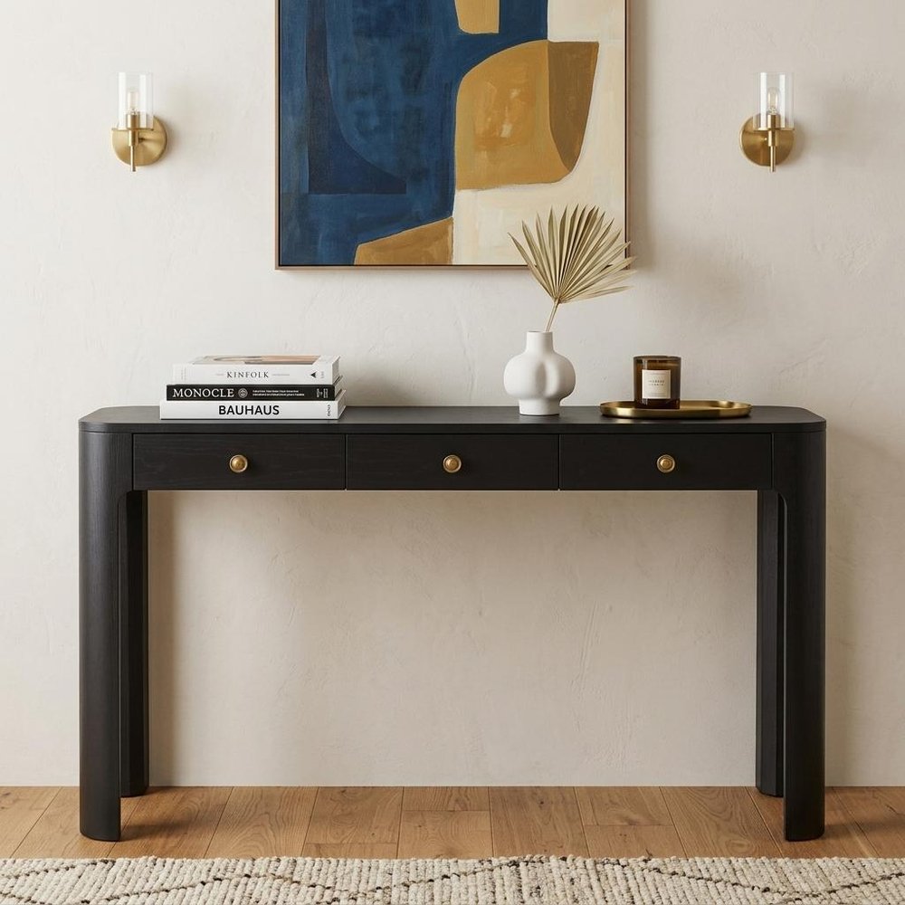 52" Black Wood Console Table With Three Drawers