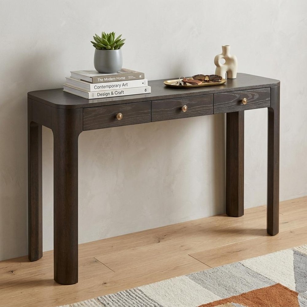 52" Black Wood Console Table With Three Drawers