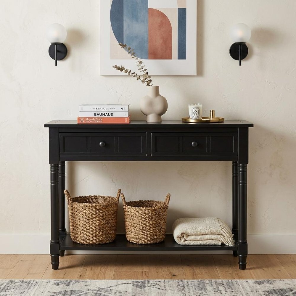 36" Blue Solid Wood Console Table With Shelf And Two Drawers