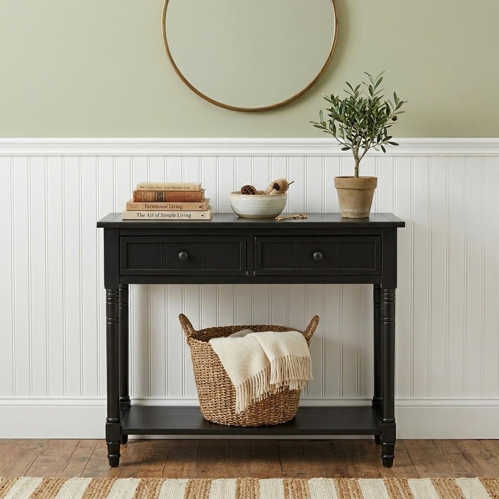 36" Blue Solid Wood Console Table With Shelf And Two Drawers