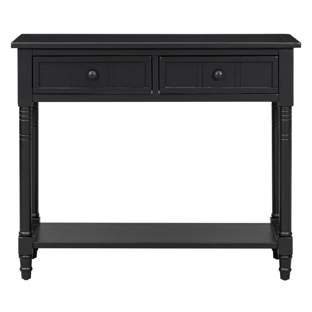 36" Blue Solid Wood Console Table With Shelf And Two Drawers