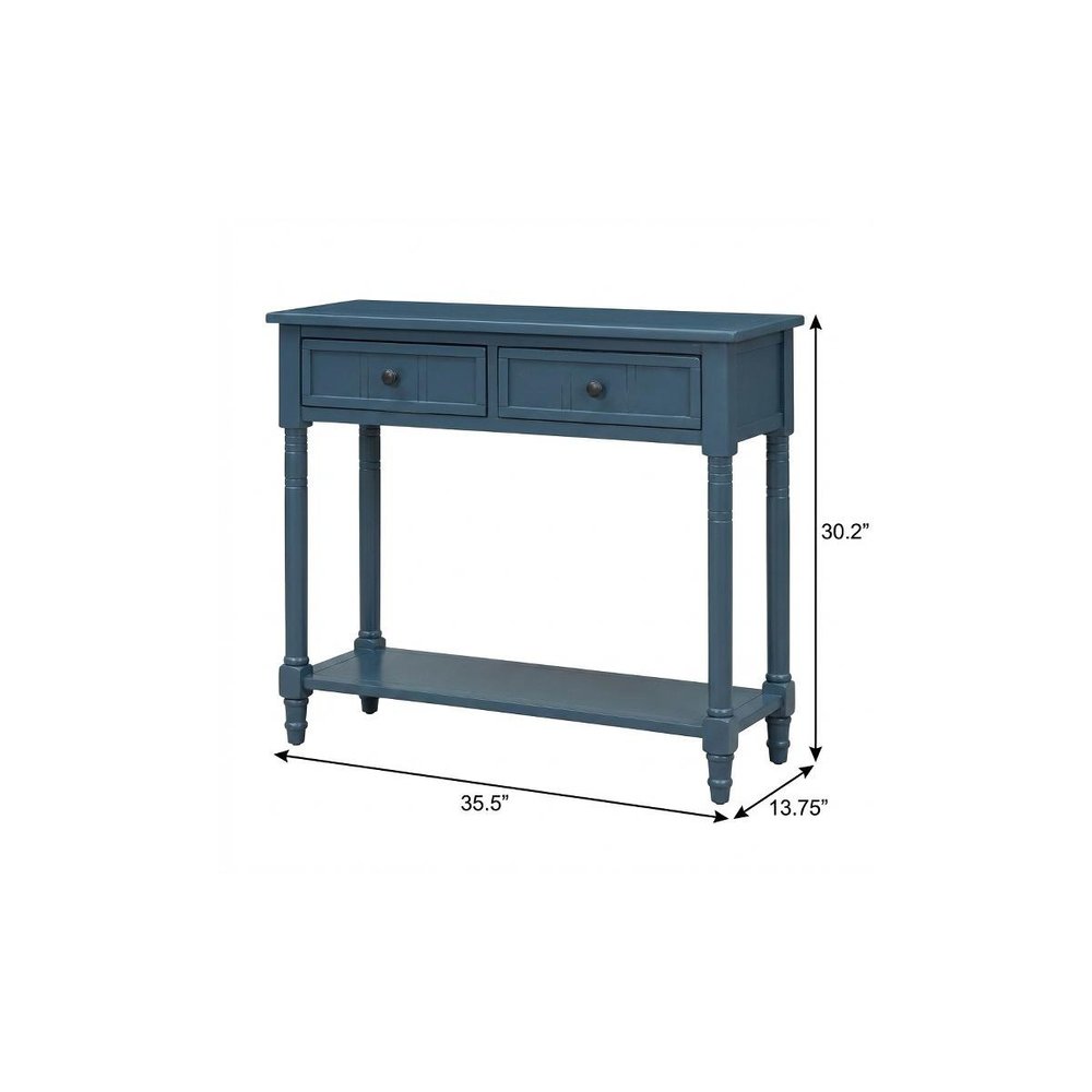 36" Blue Solid Wood Console Table With Shelf And Two Drawers