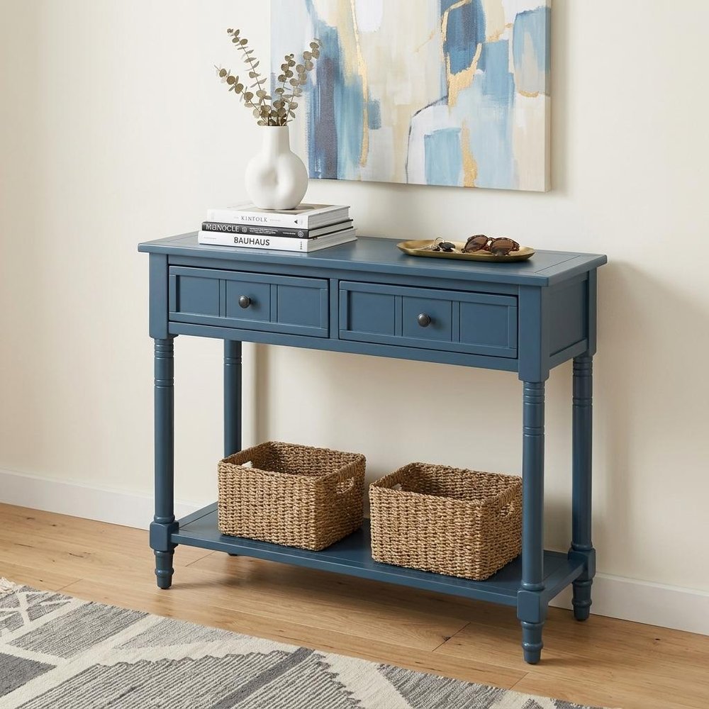 36" Blue Solid Wood Console Table With Shelf And Two Drawers