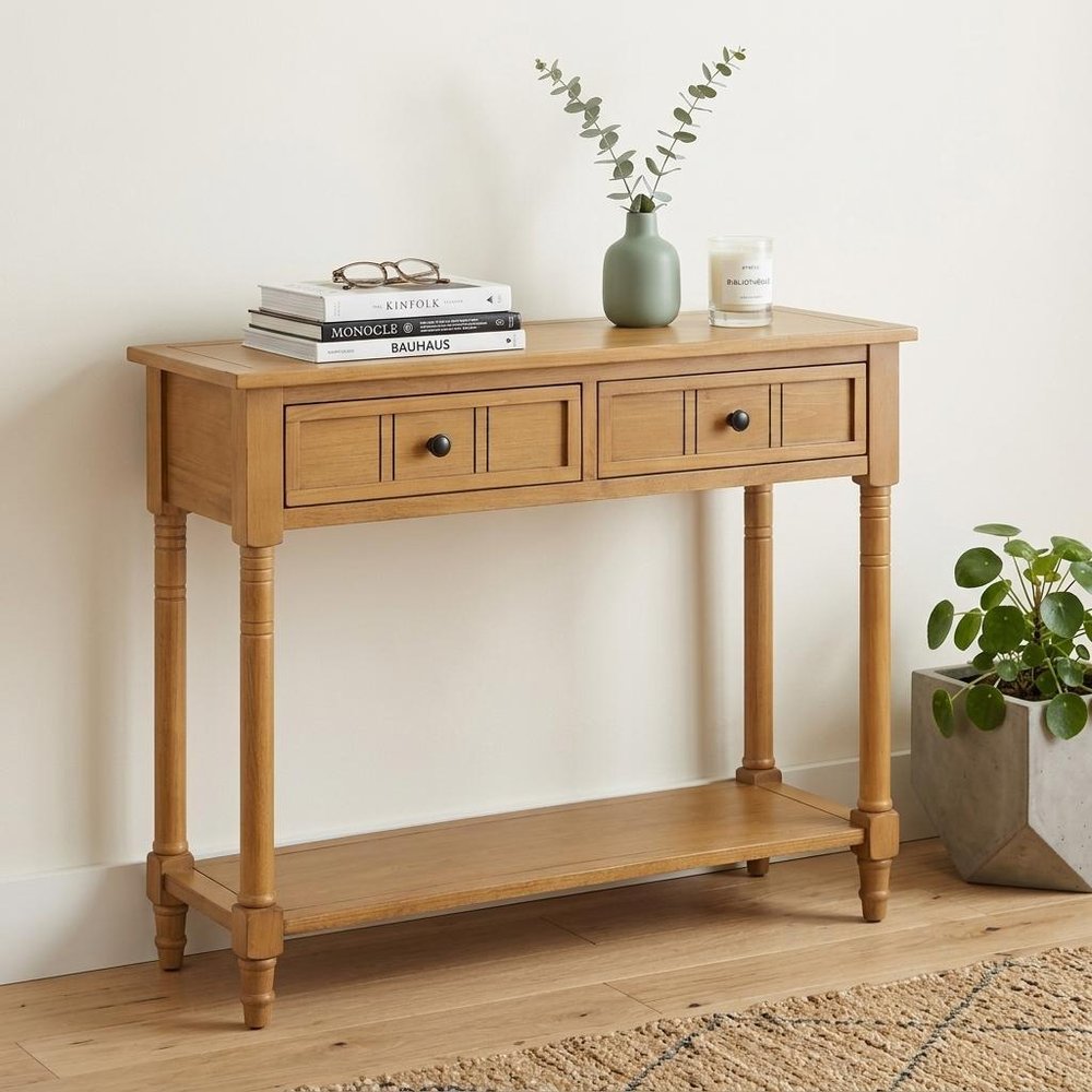 36" Blue Solid Wood Console Table With Shelf And Two Drawers