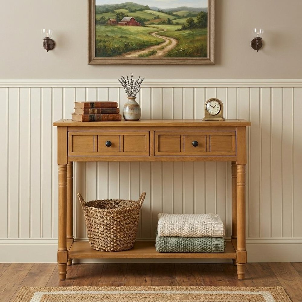 36" Blue Solid Wood Console Table With Shelf And Two Drawers