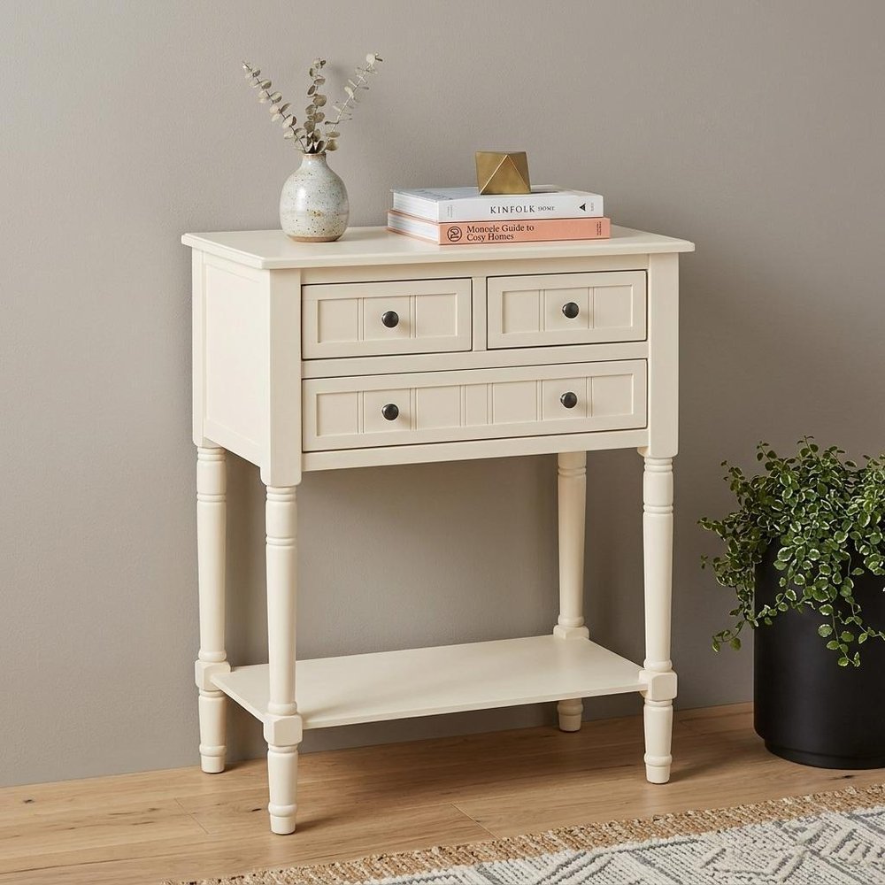 24" Natural Solid Wood Distressed Console Table With Shelf And Three Drawers