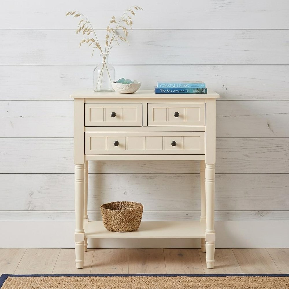 24" Natural Solid Wood Distressed Console Table With Shelf And Three Drawers