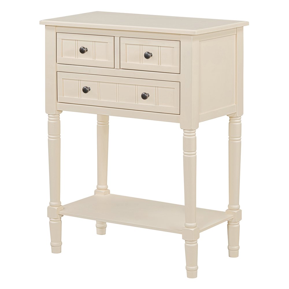 24" Natural Solid Wood Distressed Console Table With Shelf And Three Drawers