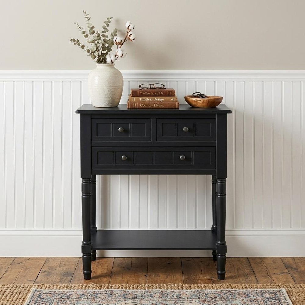 24" Natural Solid Wood Distressed Console Table With Shelf And Three Drawers
