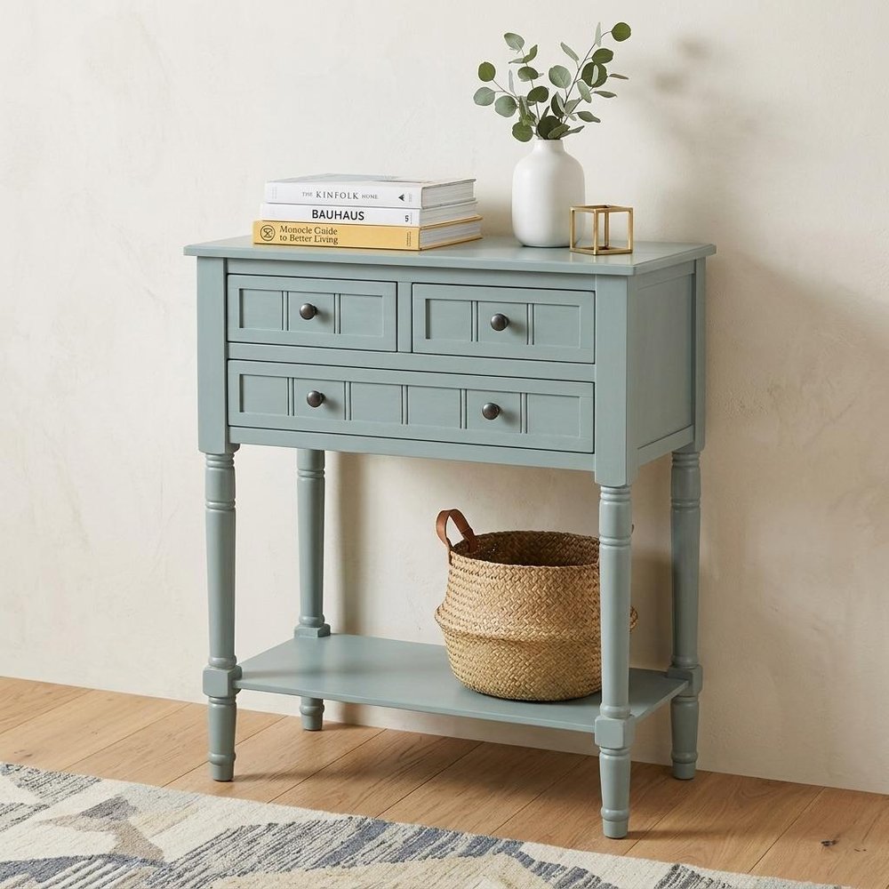 24" Natural Solid Wood Distressed Console Table With Shelf And Three Drawers