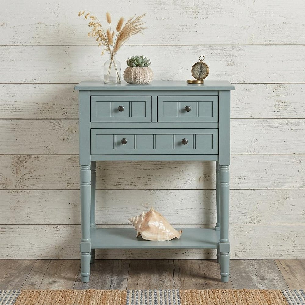24" Natural Solid Wood Distressed Console Table With Shelf And Three Drawers