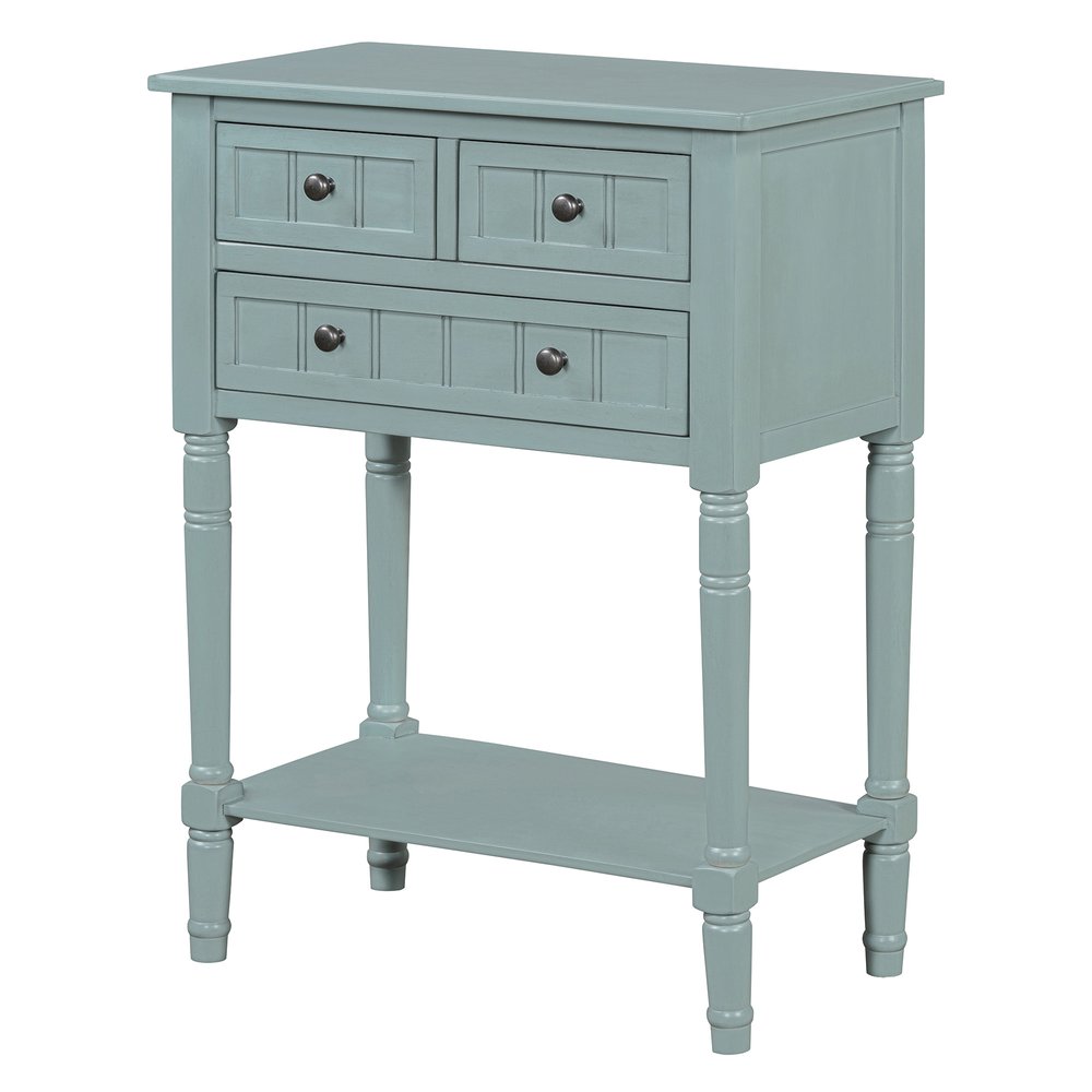 24" Natural Solid Wood Distressed Console Table With Shelf And Three Drawers