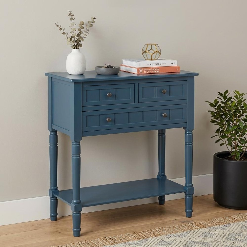 24" Natural Solid Wood Distressed Console Table With Shelf And Three Drawers