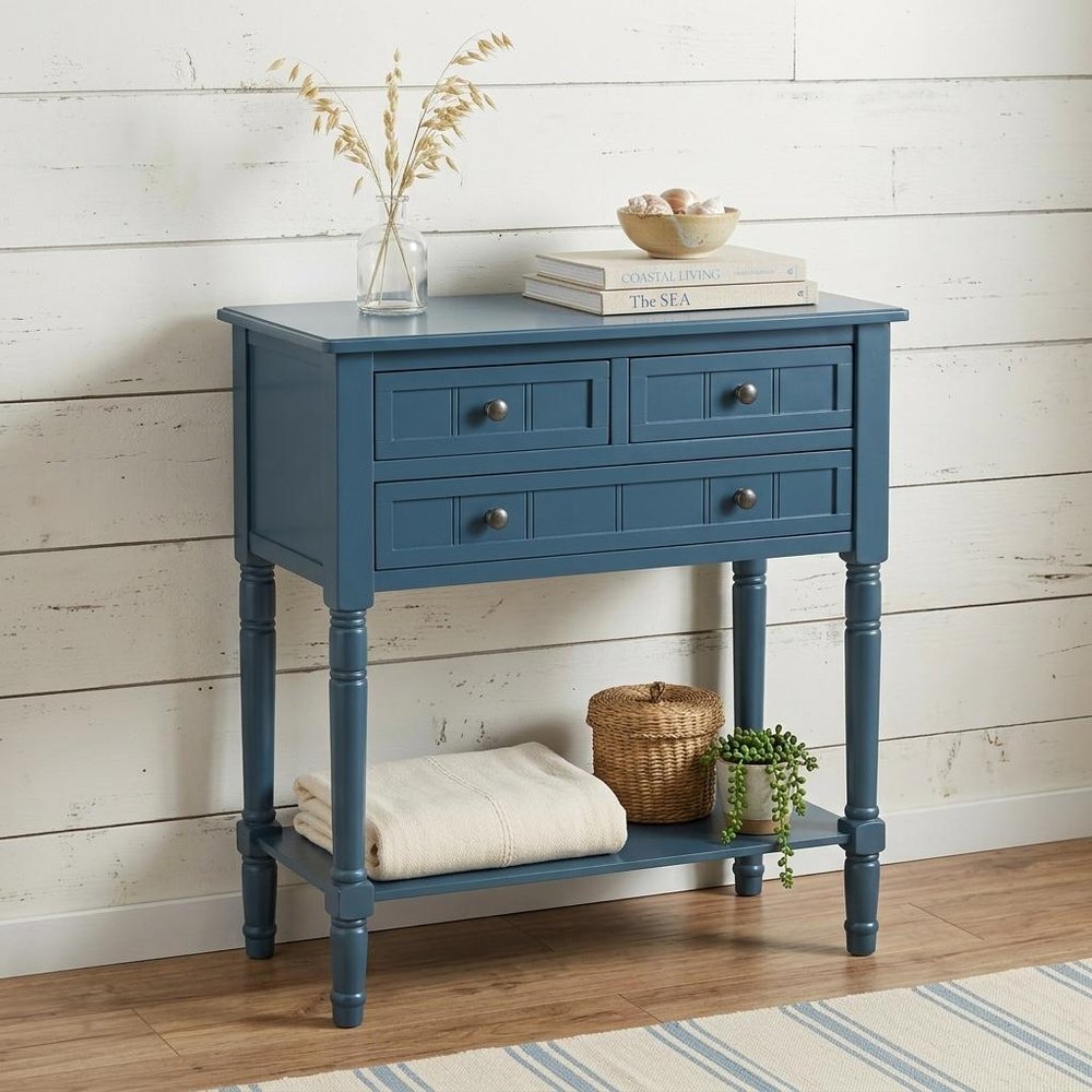 24" Natural Solid Wood Distressed Console Table With Shelf And Three Drawers