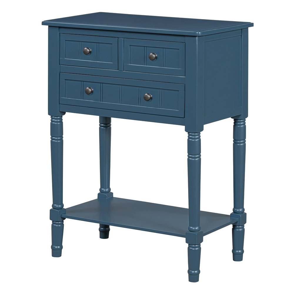 24" Natural Solid Wood Distressed Console Table With Shelf And Three Drawers